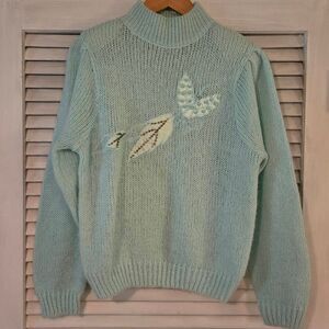 VTG Mint Green Sweater Leaf & Butterfly Applique Lace & Bead Accent Small